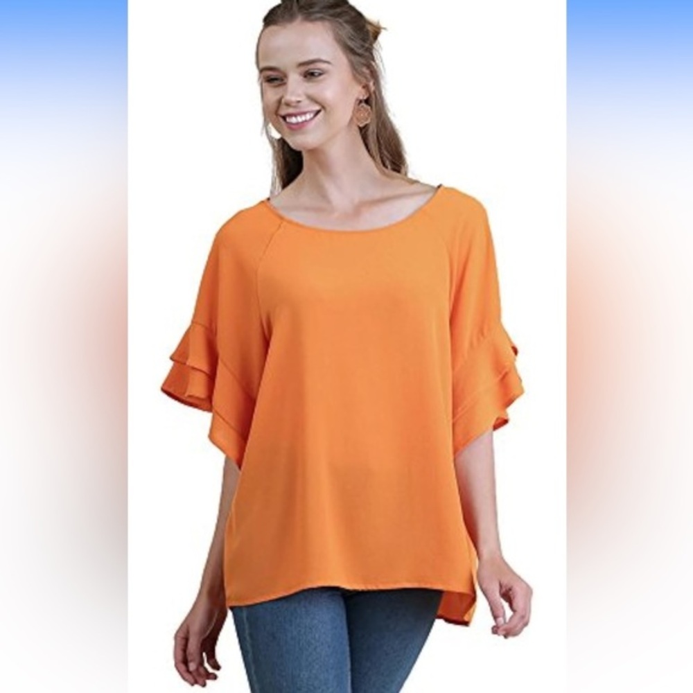 Umgee Orange‎ Scoop Neck Ruffle Sleeve Blouse Women's Size Large Boho Office